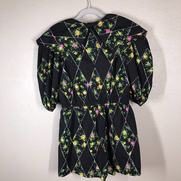 MSGM Black Diamond Floral Print Large Collared Neckline Puff Sleeve Romper - Picture 5 of 13
